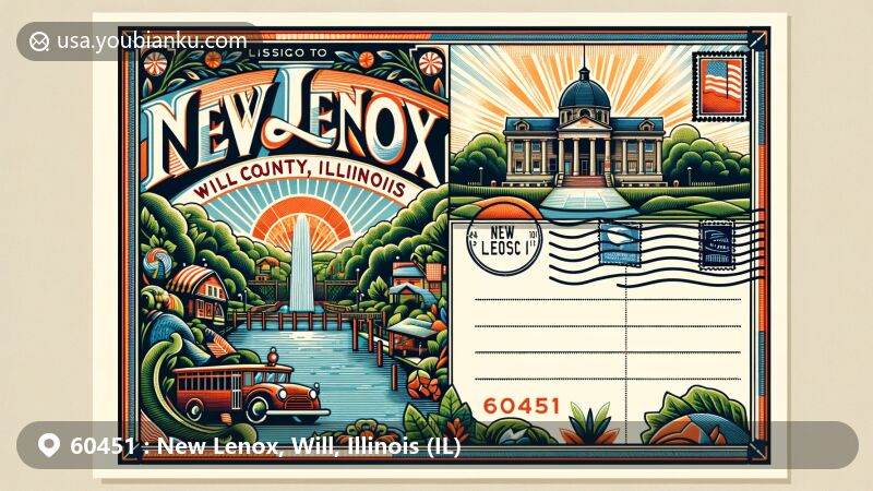 Vibrant illustration of New Lenox, Will County, Illinois, featuring ZIP code 60451, showcasing iconic landmarks and lush greenery typical of the area, with vintage postal elements.