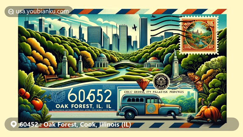 Modern illustration of Oak Forest, Illinois, showcasing postal theme with ZIP code 60452, featuring Bachelor’s Grove Cemetery, Tinley Creek Trail System, and Chicago Gaelic Park, along with lush greenery reflecting the city's forest preserves.
