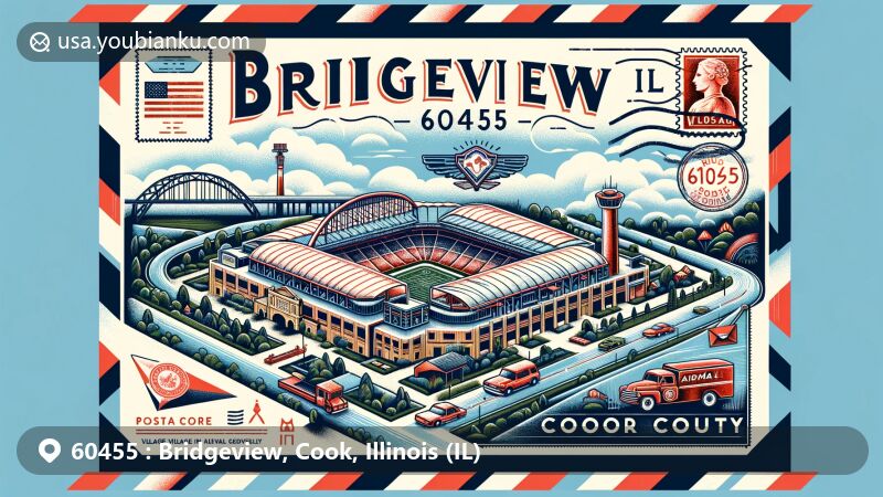 Vibrant illustration of Bridgeview, Illinois, featuring SeatGeek Stadium and postal theme with ZIP code 60455, integrating village shape and Cook County location details.