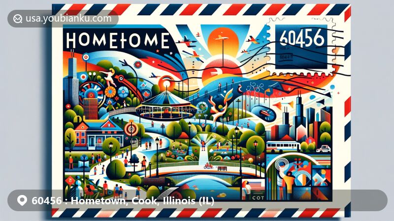 Modern illustration of Hometown, Cook County, Illinois, featuring vibrant community park, diverse demographics, and Illinois state flag, encapsulating unity, inclusivity, and postal theme with ZIP code 60456.