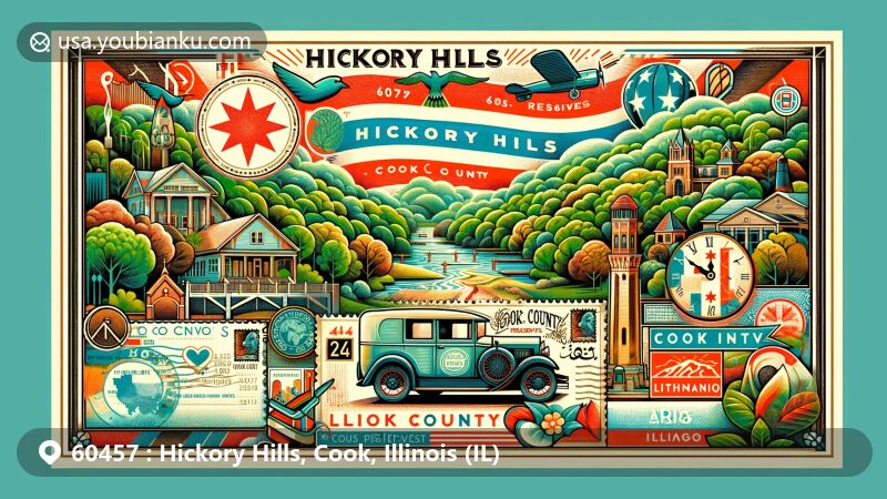 Vintage postcard-style illustration of Hickory Hills, Cook County, Illinois, showcasing Palos Forest Preserves, diverse cultural elements, and suburban life, with classic postal elements like air mail envelope, Illinois state flag stamp, and vintage postal van.