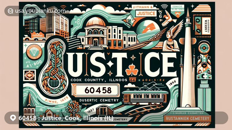 Modern illustration of Justice, Cook County, Illinois, featuring symbols of Archer Avenue, Illinois & Michigan Canal, Bethania Cemetery, and Resurrection Cemetery, blending Irish, German, and Dutch cultural elements with postal themes and ZIP code 60458.