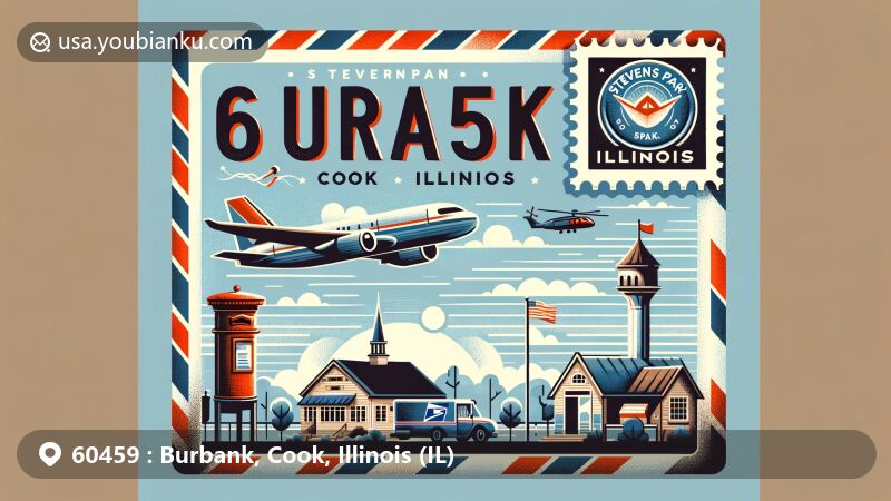 Modern illustration of Burbank, Cook County, Illinois, highlighting postal theme with ZIP code 60459, featuring Stevenson Park and Illinois state symbols.