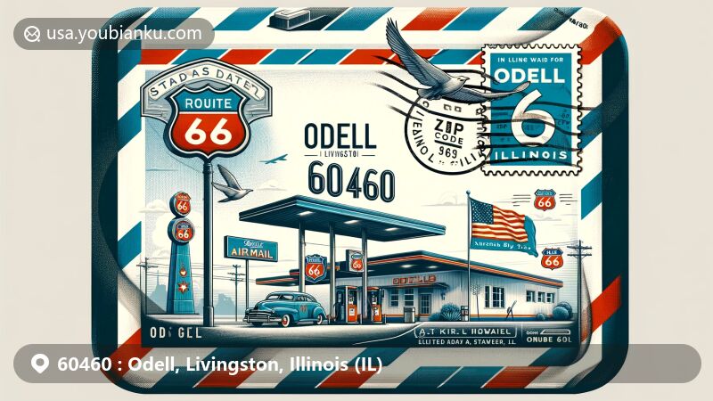 Contemporary illustration of Odell, Livingston, Illinois, highlighting ZIP code 60460 with vintage airmail envelope, showcasing Standard Oil Gas Station on Route 66, Illinois state flag, and artistic postmark and stamp details.