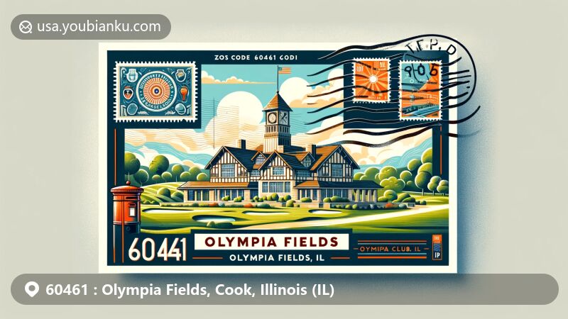 Modern illustration of Olympia Fields, Cook County, Illinois, with postal theme and ZIP code 60461, featuring Olympia Fields Country Club, Tudor-style clubhouse, Illinois state flag, and red mailbox.