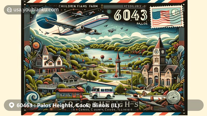 Modern postcard-style illustration for Palos Heights, Cook County, Illinois, showcasing ZIP code 60463, featuring Children’s Farm, Lake Katherine Nature Center, Palos Preserves, historic architecture, and postal elements.