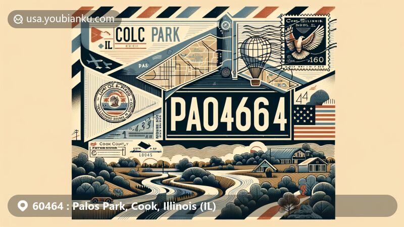 Modern illustration of Palos Park, Cook County, Illinois, featuring vintage airmail envelope with ZIP code 60464, showcasing Illinois state flag and palos Park postmark, set against a stylized map of Cook County and icons representing local history.