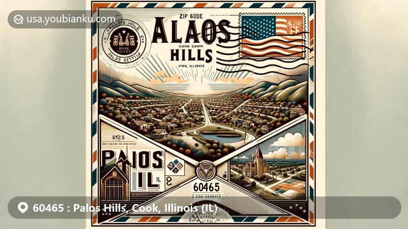 Modern illustration of Palos Hills, Cook County, Illinois, featuring a postal-themed design with vintage airmail envelope showcasing ZIP code 60465, Palos Hills, IL, Illinois state flag, and diverse cultural symbols.