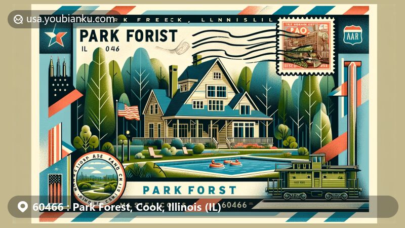 Modern illustration of Park Forest, Illinois, showcasing postal theme with ZIP code 60466, featuring Thorn Creek Nature Preserve, Park Forest Aqua Center, historic 1950s-style home, air mail envelope border, and Park Forest Rail Fan Park elements.