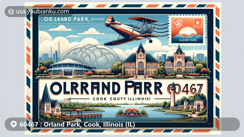 Modern illustration of Orland Park, Cook County, Illinois, featuring landmarks like the Orland Park History Museum, Centennial Park Aquatic Center, Lake Sedgewick, John Humphrey House, and Orland Square Mall.