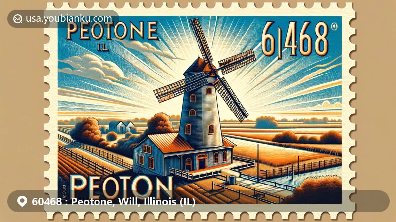 Whimsical depiction of Peotone Mill in Will County, Illinois, showcasing ZIP code 60468 and a vintage air mail envelope theme, surrounded by rural landscape and clear sky.