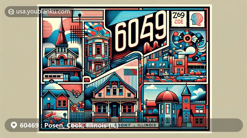 Modern illustration of Posen, Cook County, Illinois, showcasing postal theme with ZIP code 60469, featuring local landmarks and cultural symbols, reflecting the village's diverse demographic composition.