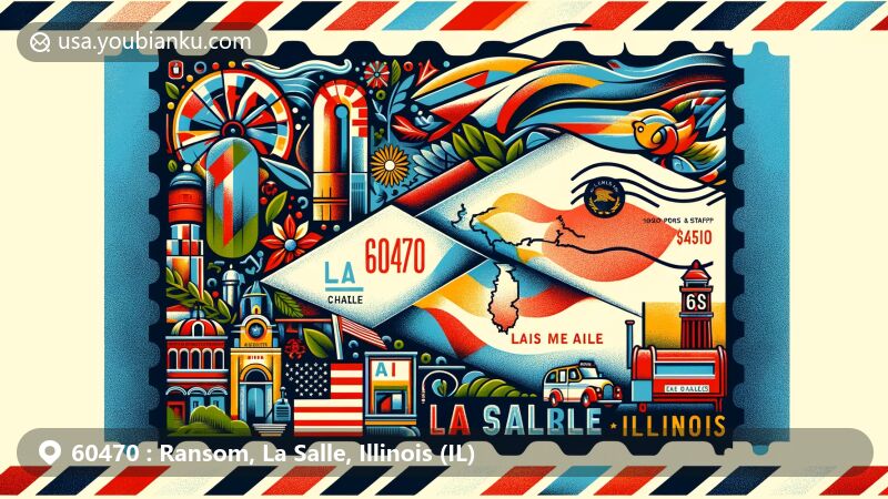 Modern illustration of Ransom, La Salle, Illinois, designed as an air mail envelope with ZIP code 60470, showcasing Illinois state flag, La Salle County outline, and iconic landmark. Includes postal elements like postage stamp, postmark, and mailbox.