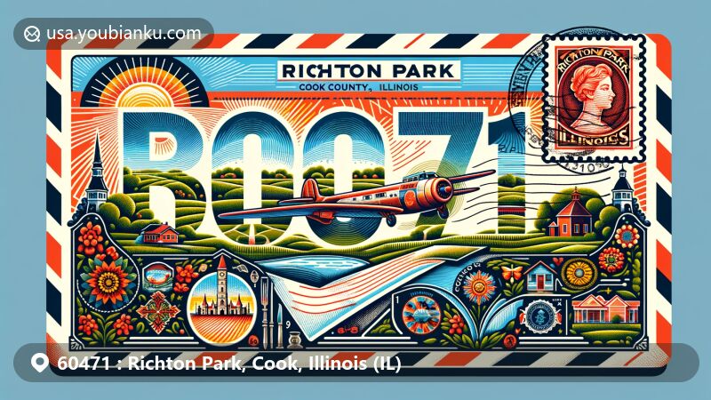 Modern illustration of Richton Park, Cook County, Illinois, showcasing postal theme with ZIP code 60471, featuring airmail envelope design and recognizable local landmark, surrounded by typical Illinois scenery.