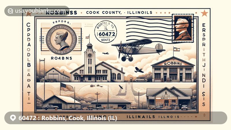 Vintage airmail envelope illustration of Robbins, Cook County, Illinois, highlighting ZIP code 60472, with historical Robbins Airport, Illinois state flag, founder Thomas J. Kellar, and postal stamp.