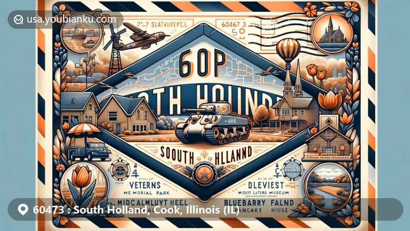 Modern illustration of South Holland, Cook County, Illinois, featuring a vintage airmail envelope with ZIP code 60473, showcasing Veterans Memorial Park, Midwest Carvers Museum, Blueberry Field Pancake House, tulips, windmills, and a stylized map of the village.