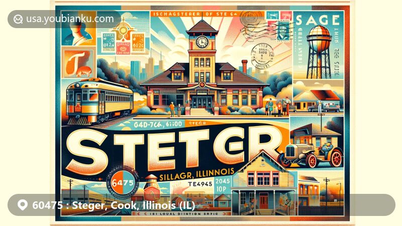 Modern illustration of Steger, Illinois, showcasing postal theme with ZIP code 60475, featuring historical landmarks and cultural symbols, including Steger depot and Fire Department building.