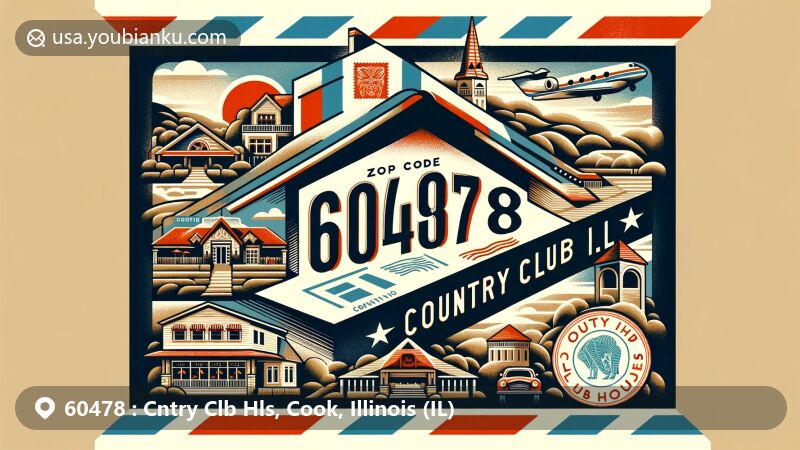 Modern illustration of Country Club Hills, Cook County, Illinois, featuring vintage airmail envelope with ZIP code 60478, showcasing local landmarks and cultural elements like Country Club Hills Cinema and Provincetown Club House.