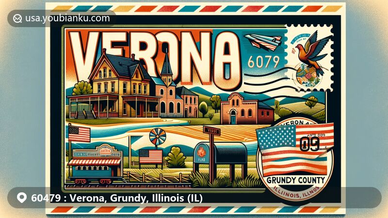 Colorful illustration of Verona, Grundy County, Illinois, featuring vintage postcard design with ZIP code 60479, showcasing small village scene and cultural symbols.