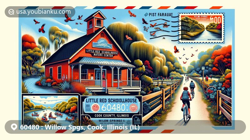 Modern illustration of Willow Springs, Cook County, Illinois, representing ZIP code 60480 with Little Red Schoolhouse Nature Center and John Husar I&M Canal Trail, featuring local wildlife and active community lifestyle.