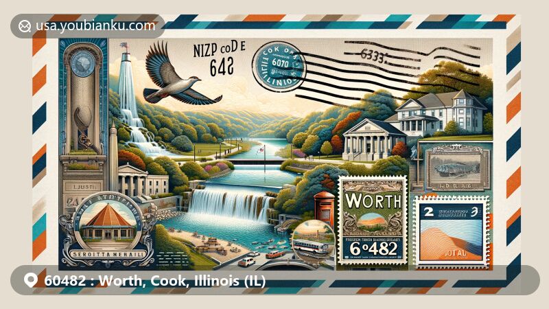 Modern illustration of Worth, Cook County, Illinois, resembling an air mail envelope with detailed landmarks and cultural elements like Worth Waterfalls, Worth Park, and Worth Public Library, showcasing community-focused spaces.