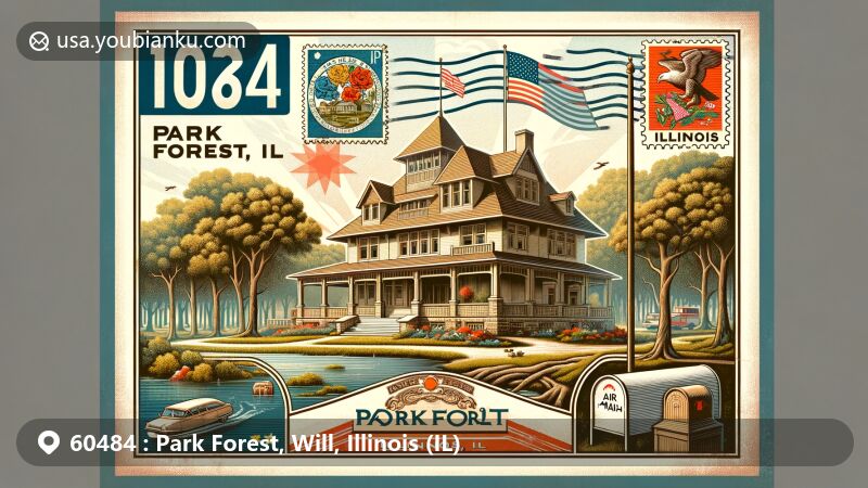 Modern illustration of Park Forest, Will County, Illinois, showcasing ZIP code 60484 amid post-World War II architecture at Park Forest House Museum and natural beauty of Thorn Creek Woods Nature Preserve, complemented by Illinois state symbols.