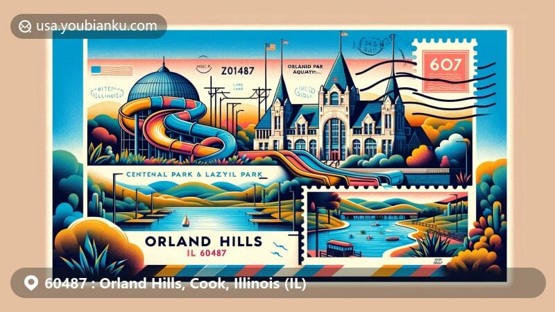 Modern illustration of Orland Hills, Illinois, representing ZIP code 60487, showcasing Orland Park History Museum and Centennial Park Aquatic Center, with Lake Sedgewick in a serene natural setting.