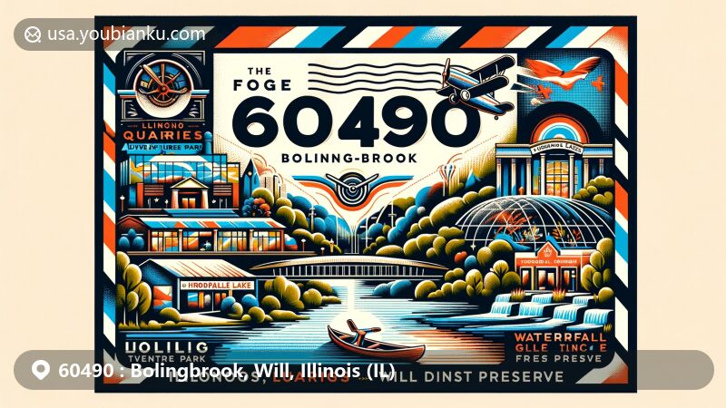 Modern illustration of Bolingbrook, Will County, Illinois, featuring vintage airmail envelope with ZIP Code 60490, showcasing landmarks like Illinois Aviation Museum, Hidden Lakes Trout Farm, and Promenade Bolingbrook.