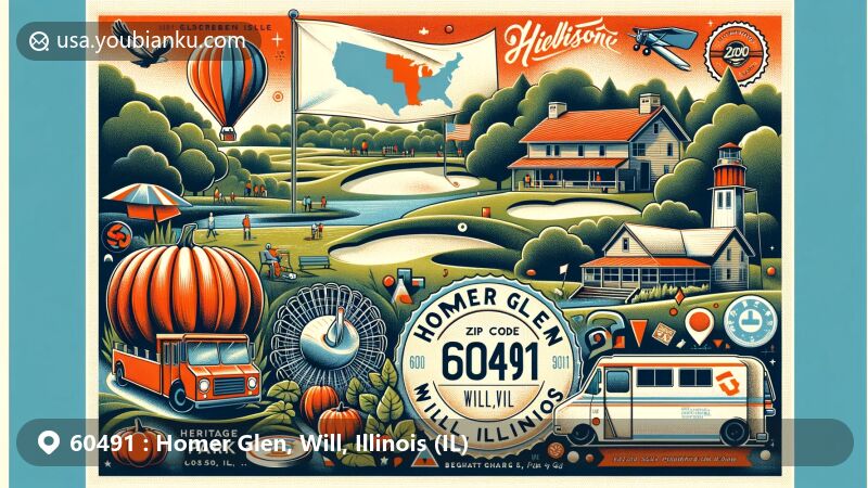 Modern illustration of Heritage Park and Bengtson's Pumpkin Farm in Homer Glen, Will, Illinois, with a vintage postcard design showcasing ZIP code 60491 and Illinois state symbols.