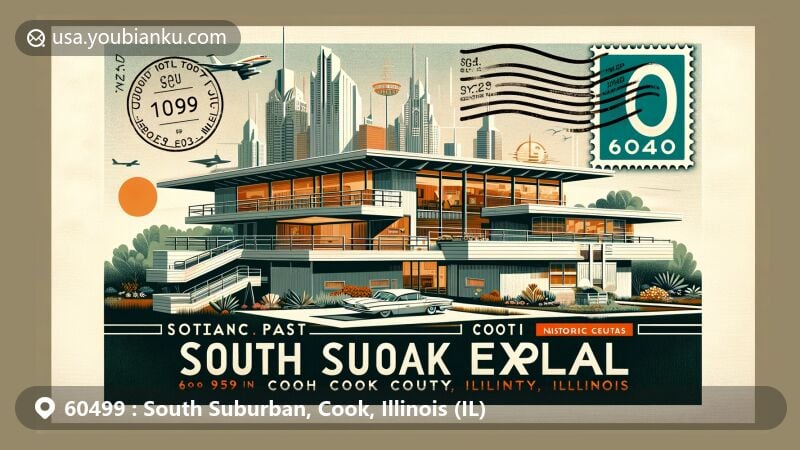 Modern illustration of South Suburban, Cook, Illinois, showcasing postal theme with ZIP code 60499, featuring mid-century modern architecture and historical landmarks.