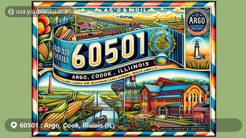 Vibrant illustration of Argo, Cook, Illinois, in the form of an air mail envelope highlighting ZIP code 60501, featuring local landmarks like the Illinois and Michigan Canal, Ingredion's corn-processing plant, and a map of Cook County.
