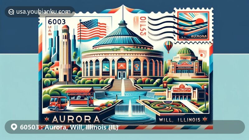 Vintage airmail envelope illustration representing ZIP Code 60503, Aurora, Will, Illinois, featuring Two Brothers Roundhouse, Phillips Park Sunken Garden, Fox River, Paramount Theatre, and Illinois state flag.