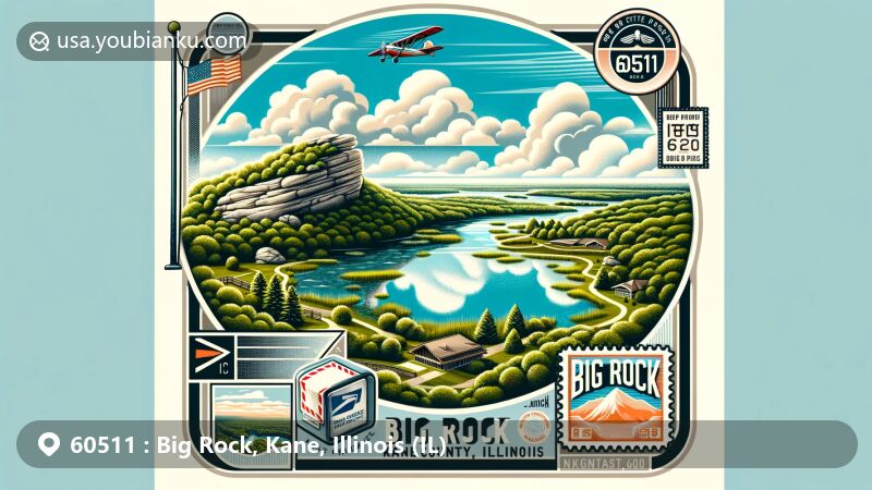 Modern illustration of Big Rock, Kane County, Illinois, highlighting ZIP Code 60511, showcasing Big Rock Forest Preserve, Siegler Lake, and lush woodlands, with airmail envelope and postal stamp elements.