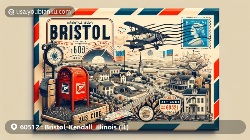 Vintage-style illustration of Bristol in Kendall County, Illinois, featuring postal theme with ZIP code 60512, showcasing landmarks and cultural symbols including Kendall County outline, Bristol community, Lyon Farm, Illinois state flag, red mailbox, and vintage postage stamp.