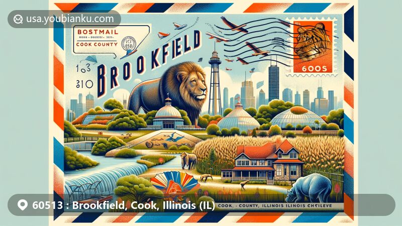 Modern illustration of Brookfield, Cook, Illinois, showcasing postal theme with ZIP code 60513, featuring Brookfield Zoo, local landmarks, Native American culture, and Illinois state symbols.