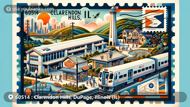 Modern illustration of Clarendon Hills, Illinois, showcasing postal theme with ZIP code 60514, featuring Metra rail station and community events like Dancin’ in the Street and Christmas Walk.