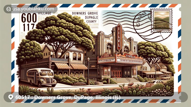 Modern illustration of Downers Grove, DuPage County, Illinois, featuring the Tivoli Theatre and Blodgett House, highlighting ZIP Code 60517 and traditional postal elements in a vintage postcard style.
