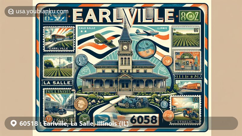 Modern illustration of Earlville, La Salle County, Illinois, featuring vintage airmail envelope with landmarks like historic Post Office, agricultural scenery, and Illinois state symbols.