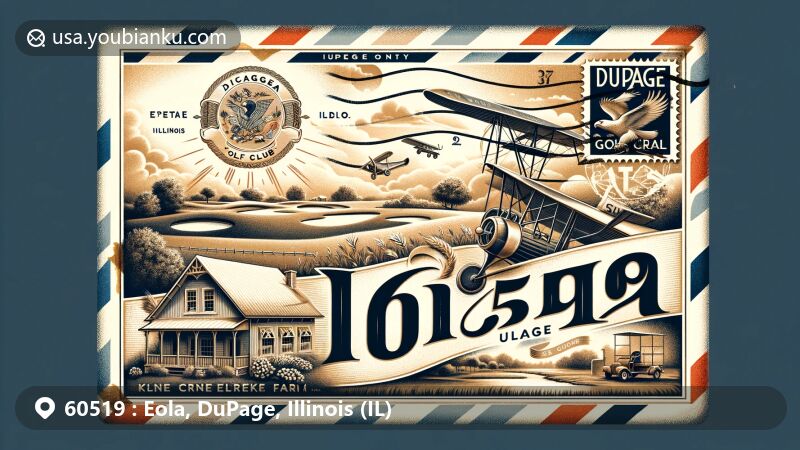 Modern illustration of Eola, DuPage, Illinois, showcasing postal theme with ZIP code 60519, featuring vintage air mail envelope with DuPage County landscape, Chicago Golf Club, and Kline Creek Farm.