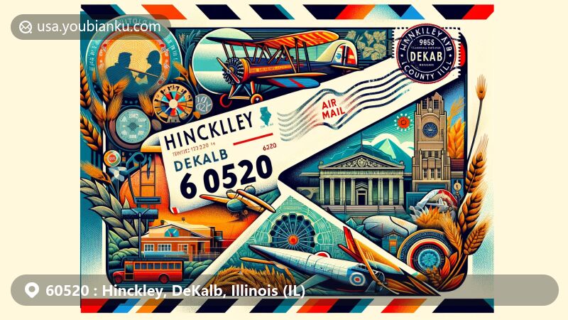 Modern illustration of Hinckley, DeKalb, Illinois, featuring vintage airmail envelope symbolizing postal theme. Detailed artwork on the envelope integrates key elements of Hinckley history and DeKalb county landmarks, including mosaic murals representing Hinckley history with agriculture (wheat and corn), first Harlem Globetrotters basketball game, historic airplane, and military ribbon. Depiction of DeKalb's iconic Egyptian Theatre and Ellwood House showcases their unique architectural styles. The design is vibrant and engaging, suitable for web placement, clearly indicating the zip code '60520' and the names Hinckley and DeKalb. The overall style is modern and artistic, avoiding any stereotypes or negative connotations, ensuring accuracy of historical and postal representation.