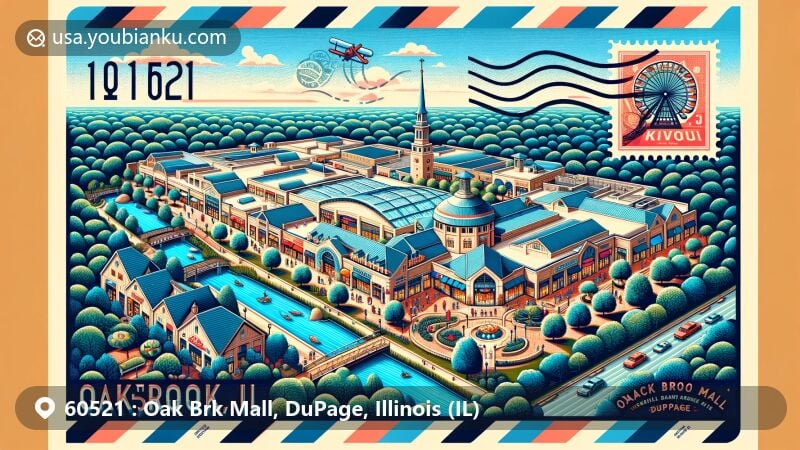Modern illustration of Oak Brook Mall, DuPage County, Illinois, highlighting ZIP code 60521 with Oakbrook Center, Graue Mill, Lizzadro Museum, Illinois state flag, and DuPage County outline.