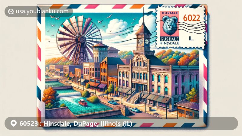 Illustration featuring ZIP code 60523 for Hinsdale, DuPage County, Illinois, showcasing architectural landmarks like the Hinsdale train station, Hinsdale Memorial Building, and U.S. Post Office, with details like Graue Mill, postal stamp, and Illinois state flag.