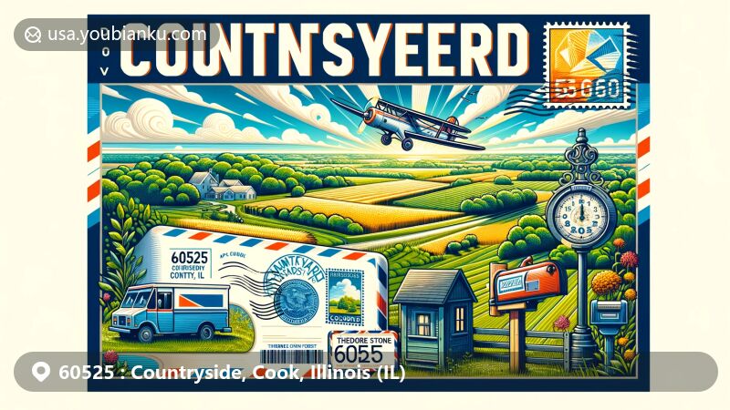 Modern illustration of Countryside, Cook County, Illinois, featuring ZIP code 60525, highlighting Arie Crown Forest and Theodore Stone Forest, with a creative postal theme including airmail elements like stamps and postmark.