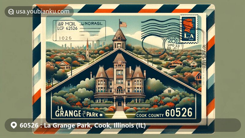 Modern illustration of La Grange Park, Cook County, Illinois, featuring ZIP code 60526 and vintage air mail envelope design, showcasing suburban charm and historical significance.