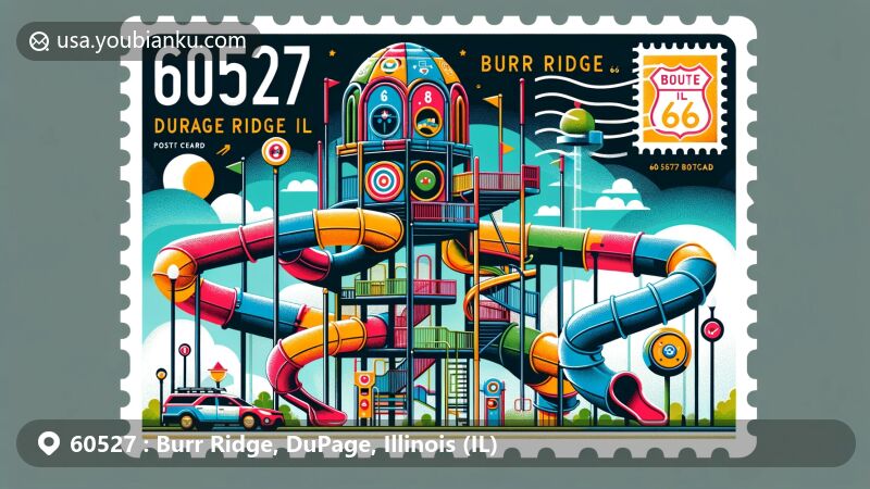 Modern illustration of Burr Ridge, DuPage County, Illinois, featuring Route 66 Playground at Harvester Park with a 30-foot Willis Tower structure, symbolizing the Illinois section of Route 66 and postal theme with ZIP code 60527.