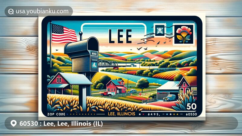 Modern illustration of Lee, Illinois, featuring postal theme with ZIP code 60530, showcasing small-town charm with traditional American mailbox and rural landscape.