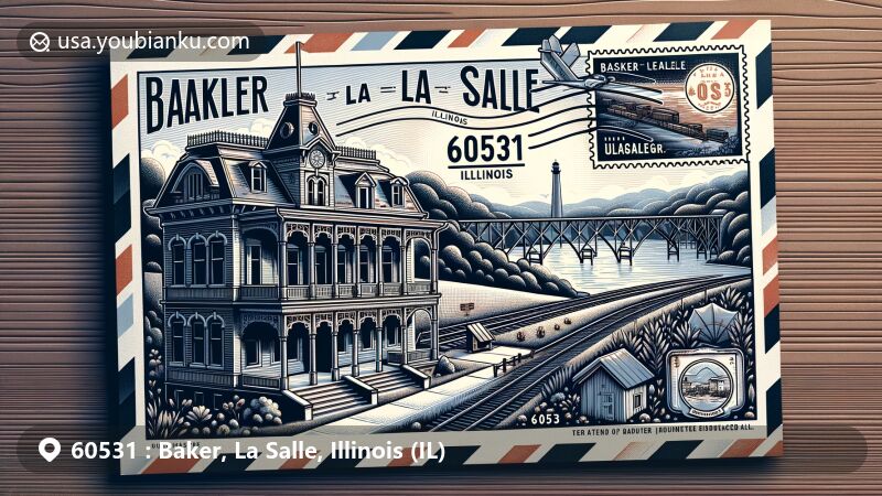 Illustration of Baker, LaSalle County, Illinois, showcasing heritage with Hagler-Carus Mansion, transportation with LaSalle Railroad Bridge, and nature with Starved Rock State Park. The postcard design features an airmail envelope with an Illinois flag stamp, postal elements, and the ZIP code 60531.