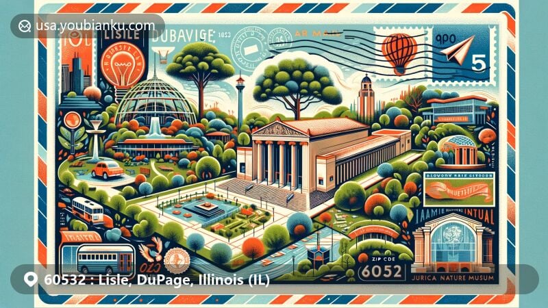 Modern illustration of Lisle, DuPage County, Illinois, designed as a wide postcard showcasing ZIP code 60532. Featuring iconic elements like Morton Arboretum, Lisle Library, and Jurica-Suchy Nature Museum, with vintage air mail theme.