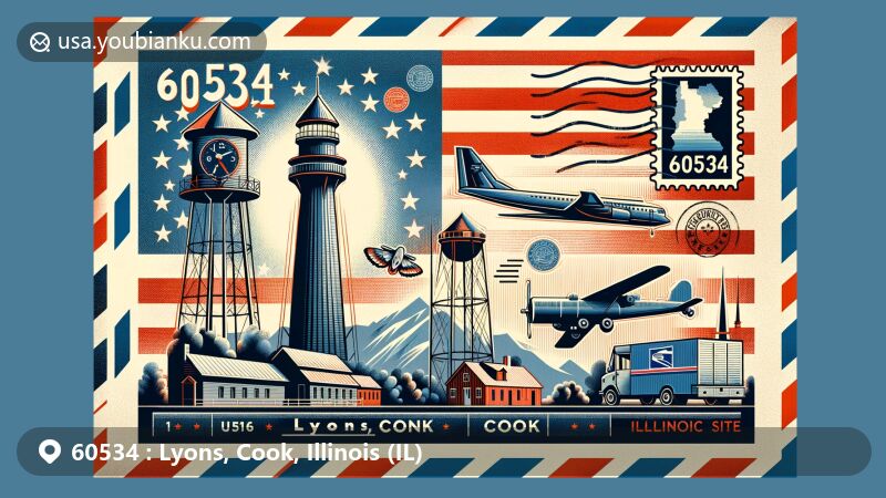 Modern illustration of Lyons, Cook, Illinois, representing ZIP code 60534, featuring Chicago Portage National Historic Site, Hofmann Tower, and American postal symbols in a creative airmail envelope design.