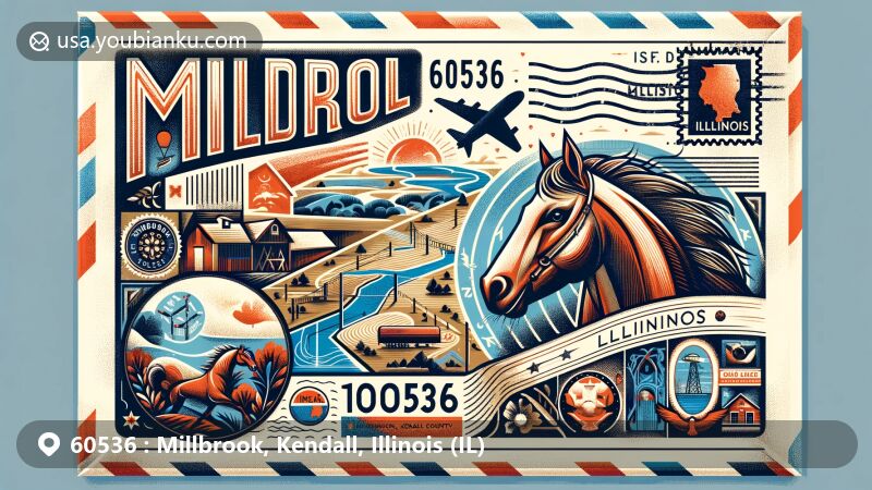 Creative vintage air mail envelope illustration of Millbrook, Kendall County, Illinois, highlighting ZIP code 60536 and iconic local symbols like the Fox River, horseback riding tours, postmark, and Illinois state flag.